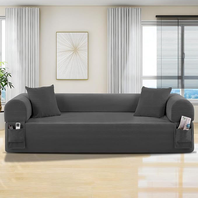 83" Boneless Couch, 3 Seater Sofa with 2 Matching Pillows Compact Corduroy Couches for Living Room Side Storage Pockets, Floor Sofa with Removable Armrests, No Assembly Required, Grey
