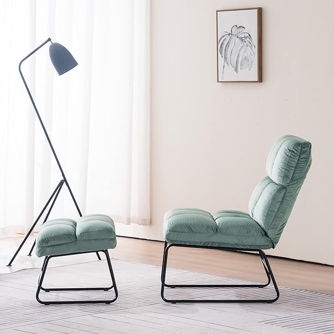 MCombo Velvet Accent Chair with Ottoman Set, Modern Armless Chair for Living Room, Bedroom, Small Space 0014 (Velvet, Light Green)
