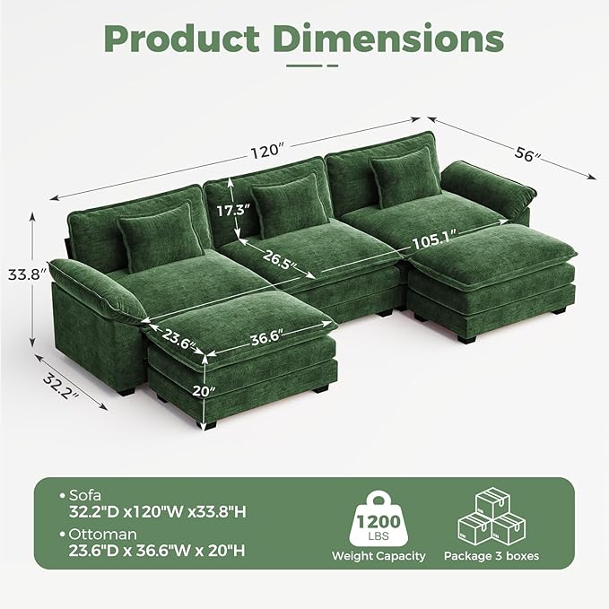 CDCASA 120" Oversized Modular Sectional Sofa, Comfy U-Shaped Cloud Couch w/ 2 Movable Ottoman, 5-Seater Chenille Deep Seat Modern Sofa Couch for Living Room, DIY Combination,Green