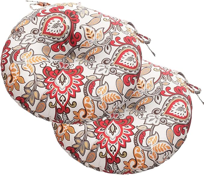 Magpie Fabrics Outdoor Round Bistro Seat Cushions with Ties, 15"x15"x4" Set of 2, Tufted Waterproof Barstool Chair Pads for Patio Home Garden Office, Floral Red Orange