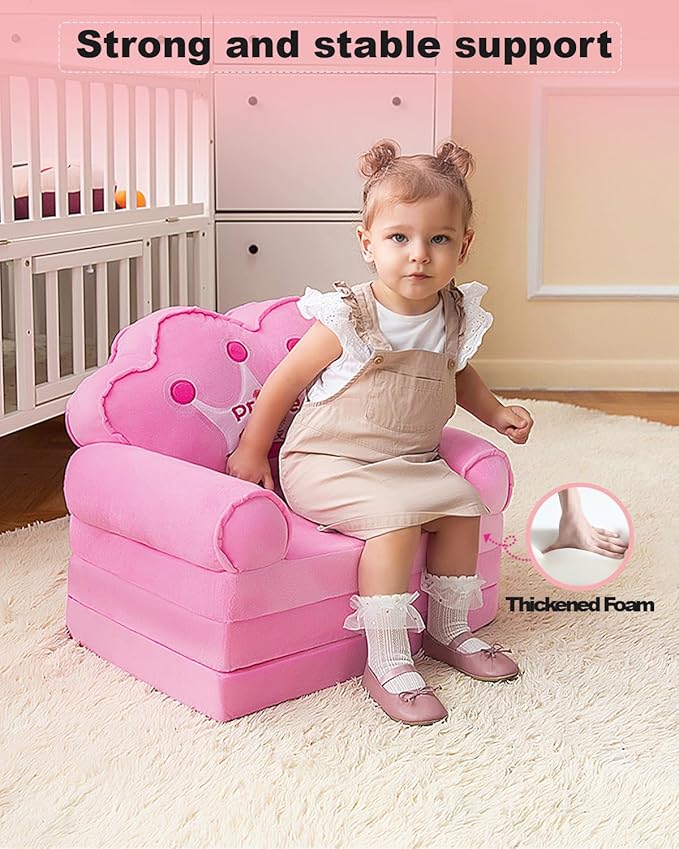 MOONBEEKI Kids Couch Fold Out, Foldable Princess Chair for Toddlers 1-3, Kids Furniture for Playroom, Gift for Birthday Christmas and Halloween（Pink）