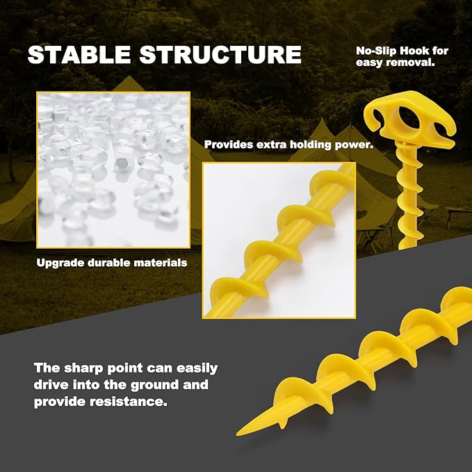 COBARYEN Tent Stakes Ground Anchors Screw in, 10 Pack Sand Stakes for Beach 9.4 Inch Heavy Duty Spiral Tent Pegs for Camping, Party, Hiking, Outdoor Decoration (10, Yellow)