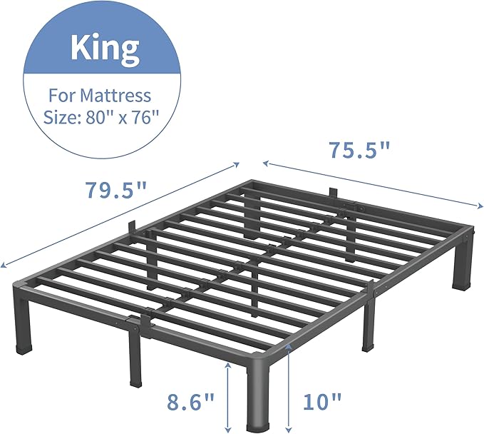 VIPSHOW 10 Inch King Size Bed Frame, 3500Lbs Heavy Duty Metal Platform with Round Corner Legs Mattress Slide Stopper, Steel Slat Support No Box Spring Needed, Noise Free, Non-Slip, Easy Assembly