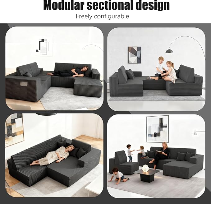 Komusou 142" Boneless Couch, Cloud Modular Sectional Sofa with L-Shape Chaise and Deep Seat, Modern Upholstered Couches for Living Room Bedroom No Assembly Required (Grey, Right Facing Chaise)