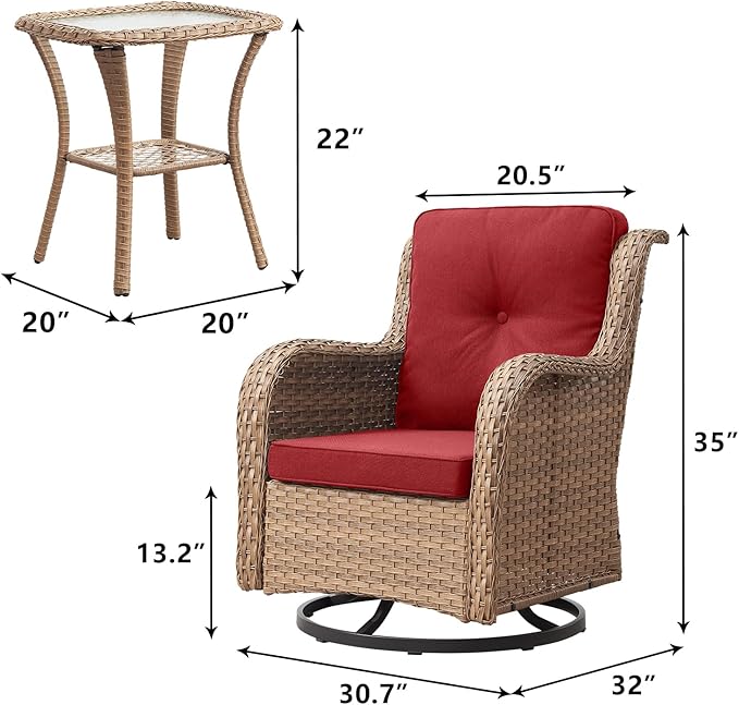 Rilyson Patio Chairs Wicker Outdoor Chair - 6 Piece Rattan Patio Swivel Rocking Chairs Set with Glass Top Side Table for Porch Deck Backyard(Yellow/Red)