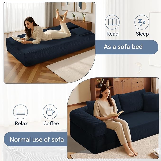 83" Sofa in a Box, 3 Seater Couch No Assembly Boneless Sofa Bed with Cushion Back 2 Matching Pillows Deep Seat Corduroy Fabric Side Storage Pockets for Living Room, Bedroom, Apartment, Office, Blue