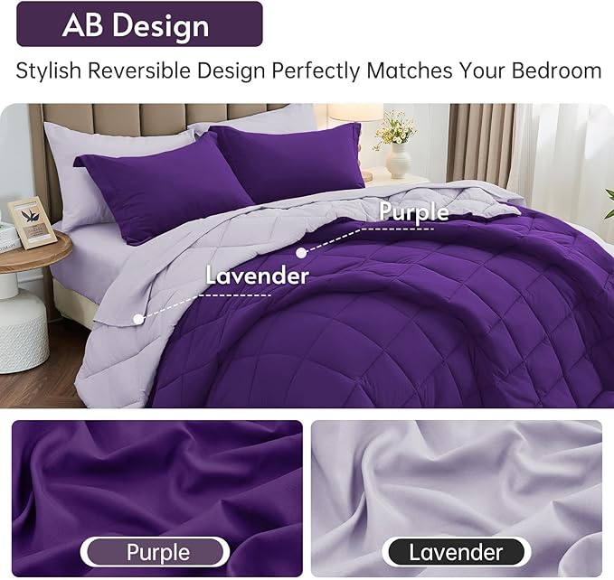 MUXHOMO 7 Pieces King Comforter Set, Reversible Bed in a Bag King Size, All Season Bedding Set with Comforter, Flat Sheet, Fitted Sheet, Pillowcases & Shams, Purple & Lavender