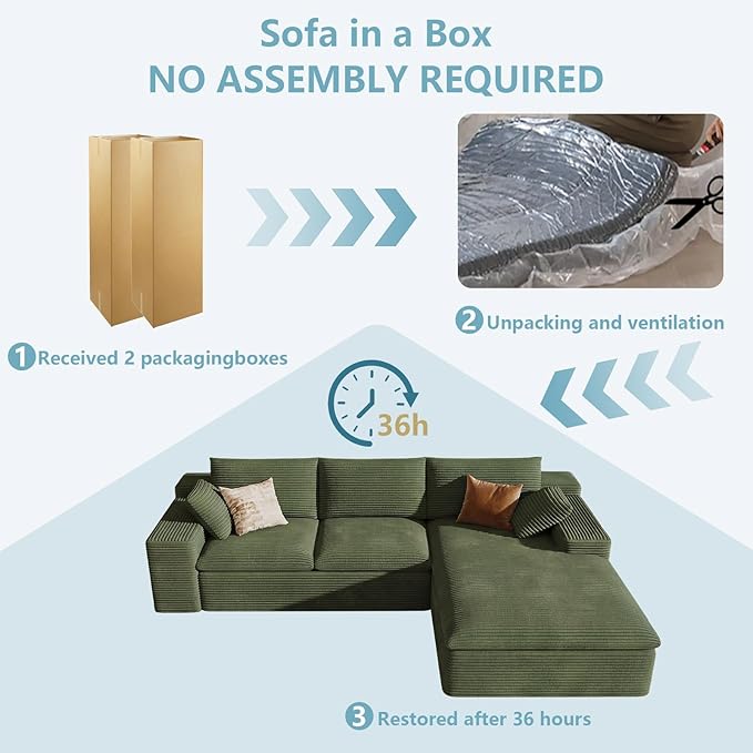 107" Cloud Sectional Couch with L-Shape Chaise,Corduroy Viral Boneless Sofa for Living Room,Modern Memory Foam Couches in a Box with Deep Seat,No Assembly Required (Green,Right-Facing Chaise)