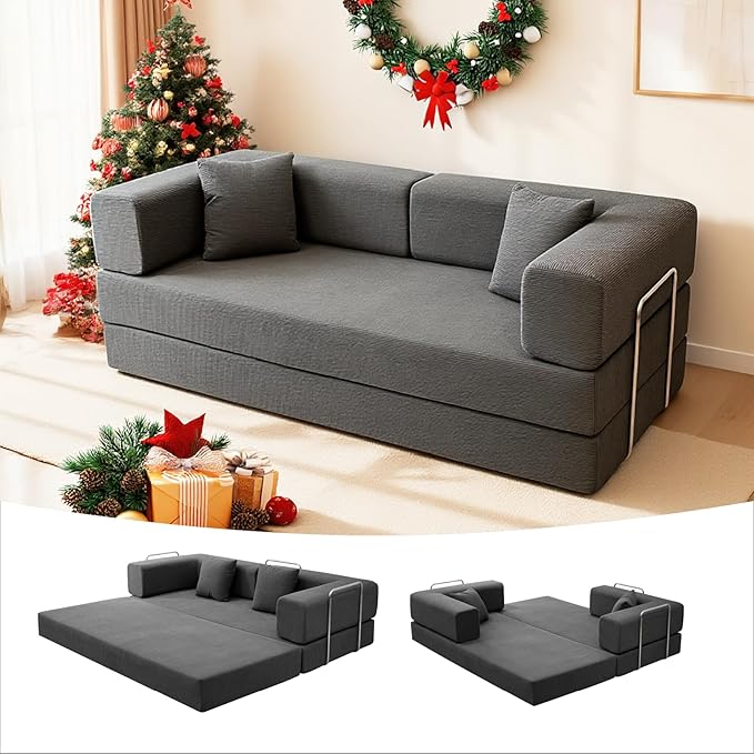 79 Inch Convertible Sofa Bed Couch in Box, 5 in 1 Folding Modular Boneless Couch with Pull Out Bed 2 Pillows, Soft Corduroy Floor Futon Lounge Loveseat Sleeper Lazy Cama No Assembly Dark Grey