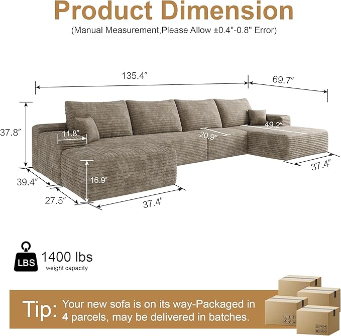 AUGOP 136" Sectional Couches for Living Room Modern Modular Sofa with L-Shape Couchs Upholstered Boneless Couch Deep Seat Sectional Couch with Chaise (Camel, Right Facing Chaise+3Seaters+Ottoman)