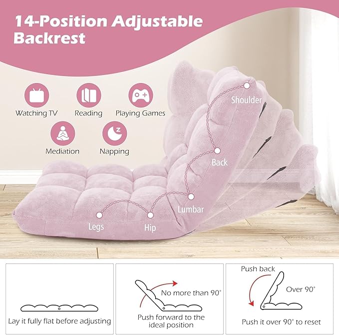 KOMFOTT 14-Position Adjustable Floor Chair with Back Support - Folding Padded Gaming Sofa Chair for Reading, Meditation, Living Room Lazy Lounge, Video Gaming - Light Pink