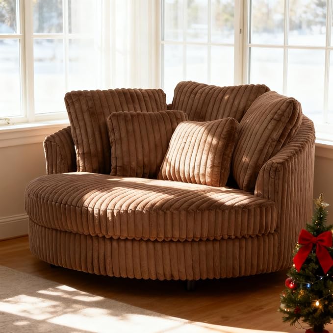 Chifee & Vingol 59.8" W Oversized Accent Round Chair Large Barrel Chair with Wheels & 5 Pillows, Faux Fur Fabric - Brown
