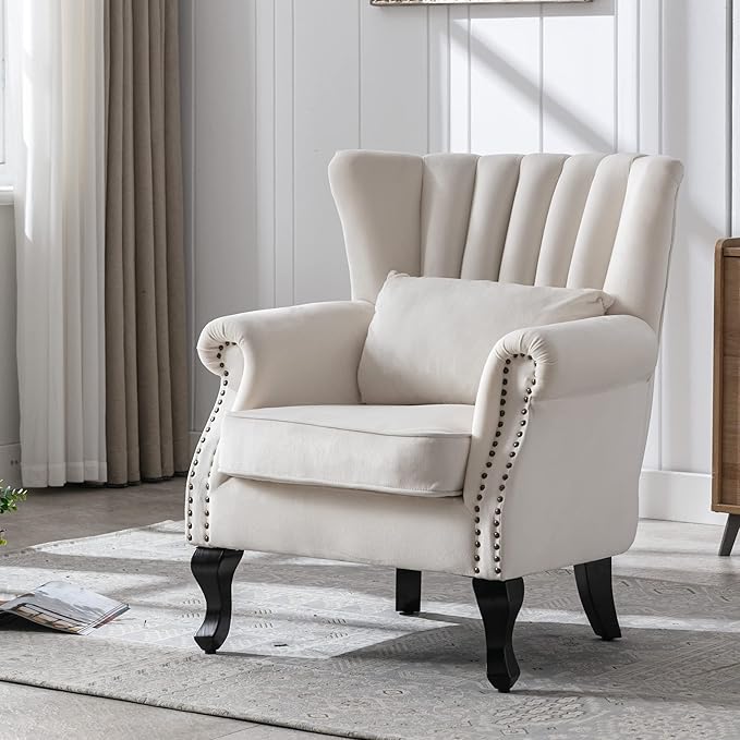chairus Mid-Century Modern Accent Chairs Set of 2 Comfy Sofa Chairs Channel Back Armchairs with Small Pillow for Living Roon Bedroom Club - Velvet, Cream
