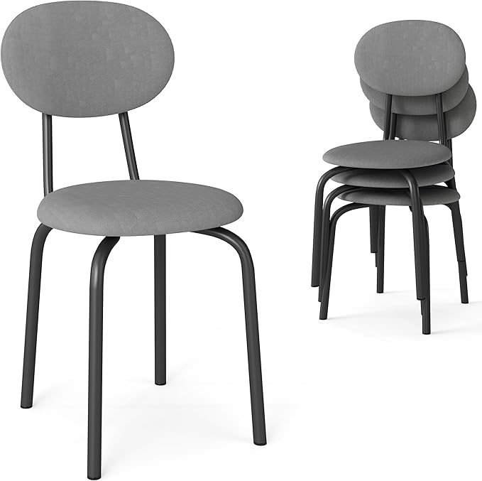 Stackable Dining Chairs Set of 4, Stackable Waiting Room Chairs, Stacking Kitchen Chairs with Upholstered Back and Seat with Dense Foam Cushions, Steel Frame with 400 Lb. Capacity, Grey