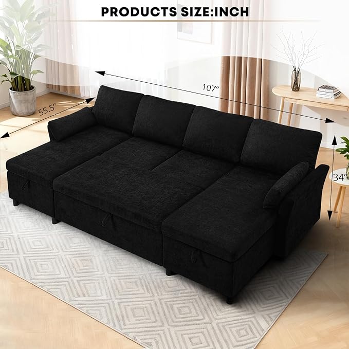 ACMEASE 107 Inches Fabric Sectional Sofa with Pull Out Sofa Bed, Modern U Shaped Sofa with Throw Pillows, Comfortable Sleeper Couch with Storage Chaise for Living Room, Black
