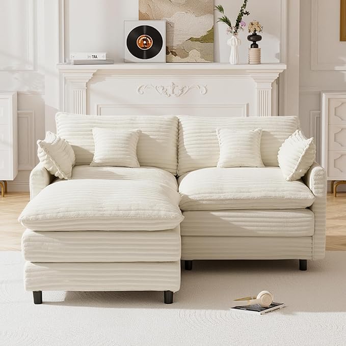 HYJT-H&K 74" L Shaped Cloud Couch Modular Small Sectional Couches for Living Room Small Spaces, Comfy Fluffy Corduroy Cloud Loveseat with Ottoman 3 Seat Sectionals Sofa, White