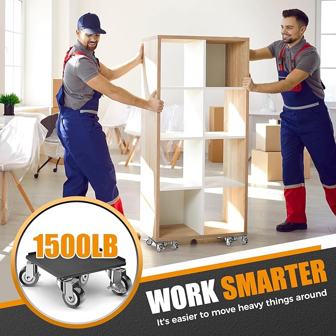 LOYAL TIGER Heavy Duty 1500LBS Furniture Dolly & Movers with 5X 360° Wheels - Carbon Steel Panel & Non-Slip Casters, Includes Lifter Jacks, Gliders for Sofa, Refrigerator (5.4 Inch, Black)