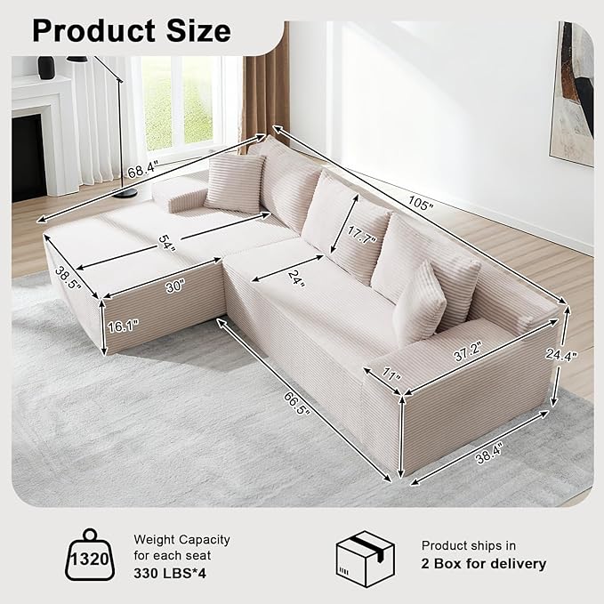 105" Cloud Modular Sectional Couch with L-Shape Chaise, Upholstered Corduroy Couches for Living Room, No Assembly Required Deep Seat Boneless Sofa