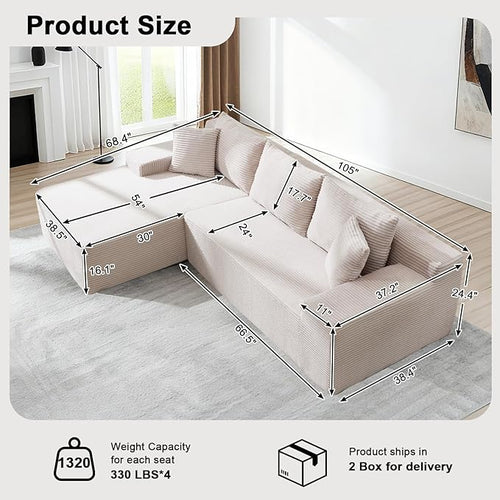 105" Cloud Modular Sectional Couch with L-Shape Chaise, Upholstered Corduroy Couches for Living Room, No Assembly Required Deep Seat Boneless Sofa