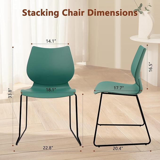 Stacking Chairs, Stackable Waiting Room Chairs, Conference Chair with Back & Church Chairs No Wheels with Metal Legs, Suitable for Offices Conference Training Waiting Room Set of 8, Green