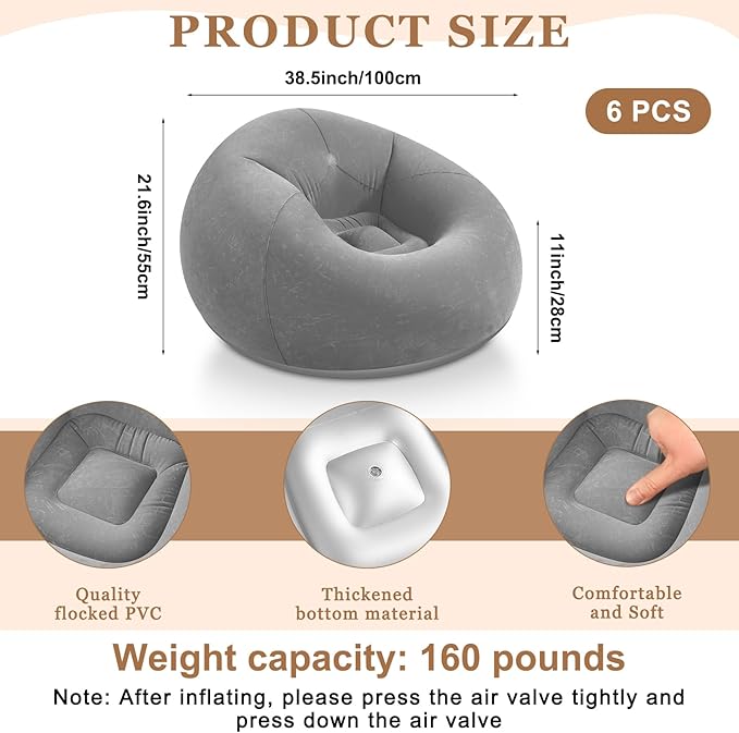 Realspring 6 Pcs Inflatable Bean Bag Chairs for Adults with Electric Air Pump, Blow up Couch Folding Portable Inflatable Couch Lazy Sofa for Outdoor Movie Nights Camping Room (Gray)