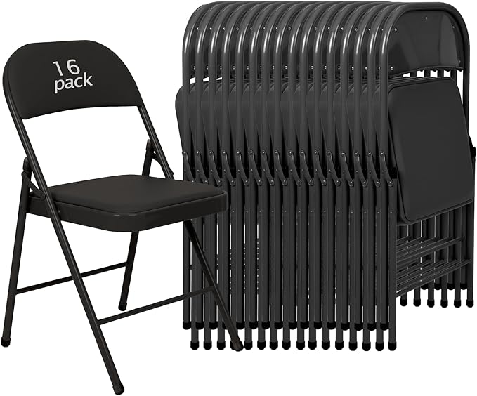 16 Pack Black Padded Folding Chairs Set - Comfortable Stackable Portable Chairs for Indoor Outdoor, Events, Parties, Office, Wedding (PU Leather, Classic Black,School Chair)