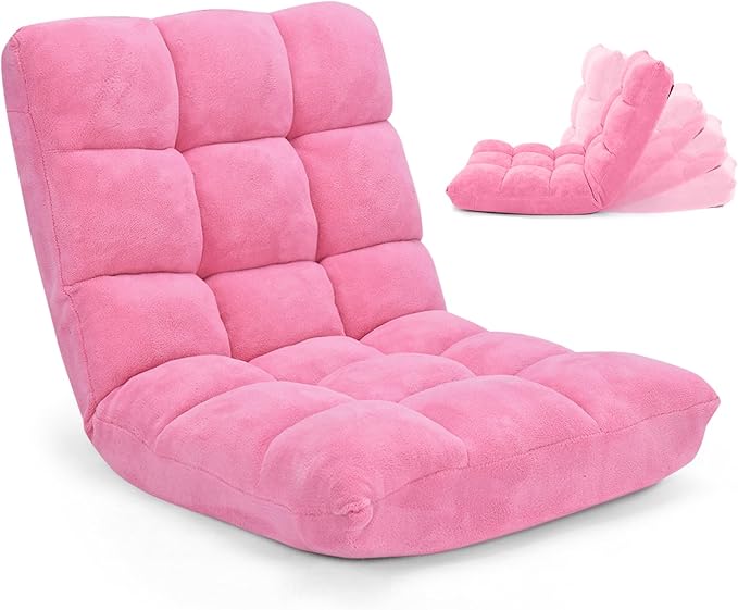 Floor Chair with Back Support, Foldling Gaming Sofa Chair with Comfy Cushion, Adjustable 14-Position Meditation Chairs, Lazy Lounge Recliner Reading Seat for Adults, Kids (Pink)