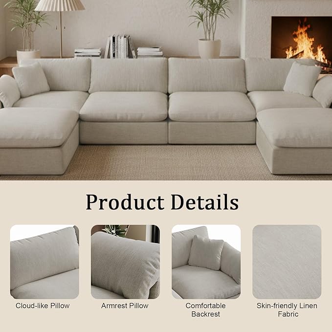 Forest aesthetics Modular Cloud Sofa,Convertible 3-Seater Set,Extra Deep Seat Down Filled Seat, Washable & Replaceable Cushion Covers for Living Room,Apartment,Light Beige