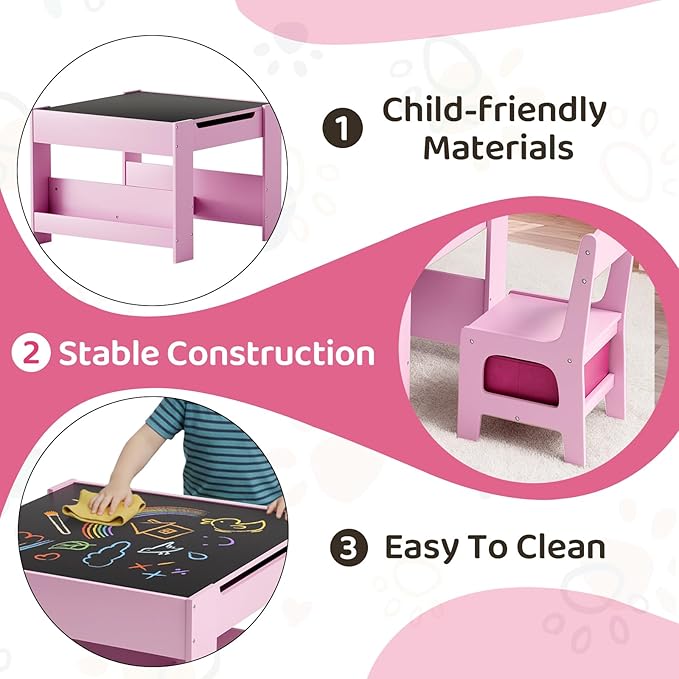 Arlopu Kids Table and Chairs Set, 4 in 1 Toddler Art Desk with Storage Drawer, Wooden Activity Deskboard, Blackboard, Reversible & Detachable Tabletop, Bookshelf for Drawing, Reading (Pink)