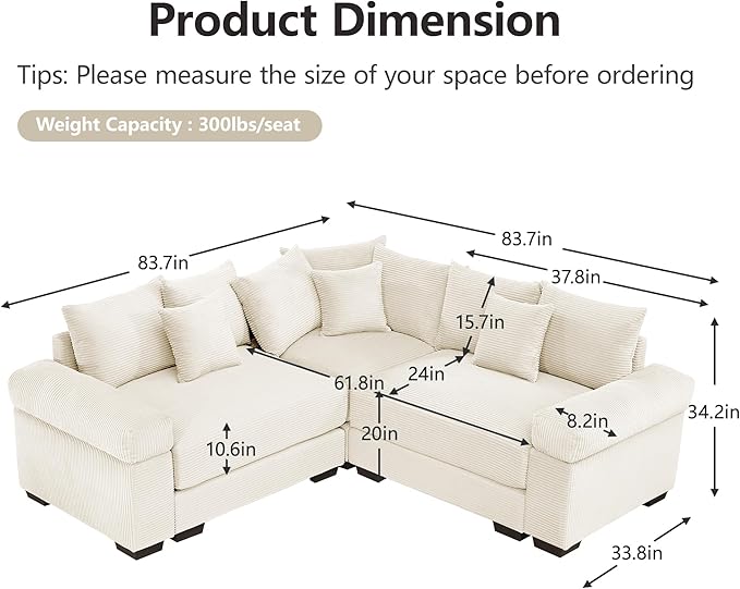 KEIKI 79" L-Shaped Oversized Corduroy Modular Cloud Sectional Sofa with High-Density Foam Cushion, Extra-Thick Armrest, Convertible 3-Seater Fluffy Corner Couch with 10 Pillow, for Living Room, Beige