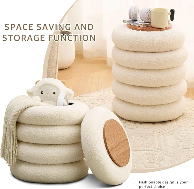Wimarsbon Round Storage Ottoman, Modern Sherpa Footstool, Teddy Vanity Stool with Flip-Top Tray, Makeup Chair for Home Decor, Upholstered Footrest for Living Room & Bedroom (White S)