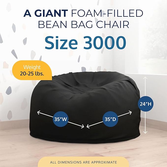 ULTIMATE SACK 3000 3-Foot Bean Bag Chair, Black Suede Cover – Oversized Foam Lounger, Floor Seat, Small Sofa, or Couch Bed for Living Area, Gaming Room, or Reading Lounge