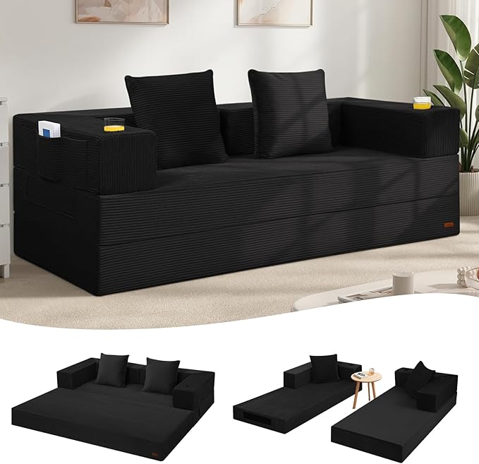 COMAX Futon Sofa Bed Queen, 79" Convertible Sofa Bed Couches for Living Room, 4 in 1 Folding Boneless Sleeper Corduroy Couch Loveseat Foam In a Box, Foldable Comfy Lounge Fold Out Floor Mattress Black