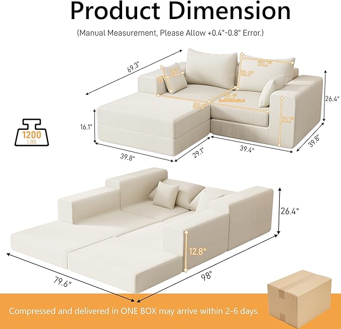 DAMAIFROM 80" Convertible Sleeper Sofa Bed with Soft Pillow, Corduroy Folding Mattress Couch with L-Shape Chaise, Modular Floor Sofa Lounge Couch for Living Room Bedroom Lounge (Beige White)