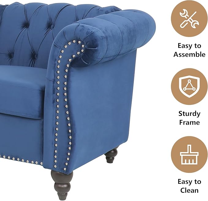 QHITTY Accent Large Sofa, Chesterfield Couch 3 Seater Modern Velvet Couch Upholstered Sofa with Tufted Back for Living Room Furniture (Blue)