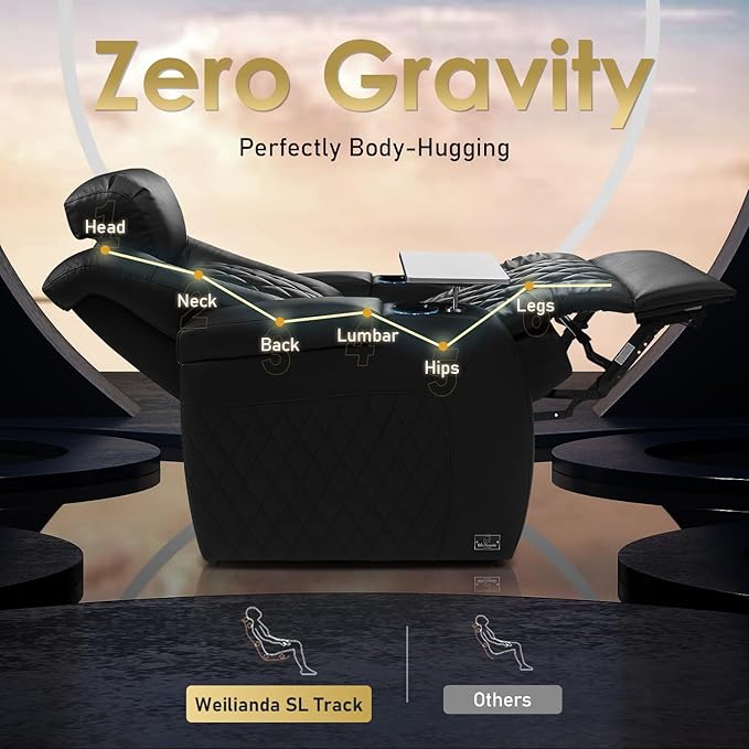 Weilianda Home Theater Seating Top Grain Leather Recliner Chair Power Headrest and Recline Movie Seats Gaming Sofa with Tray Table Type-C USB Charge Cup Holders Row of 1 Black