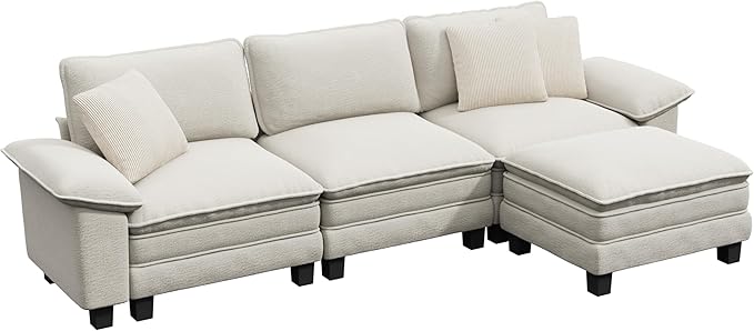 MIXPATIO 123-Inch L Shaped Sectional Sofa with Cloud Cushions, Deep Seat Modular Couch Set w/ 4 Seats & 1 Ottomans, Removable Arms, Plush Chenille Upholstery for Living Room, Apartment - Beige