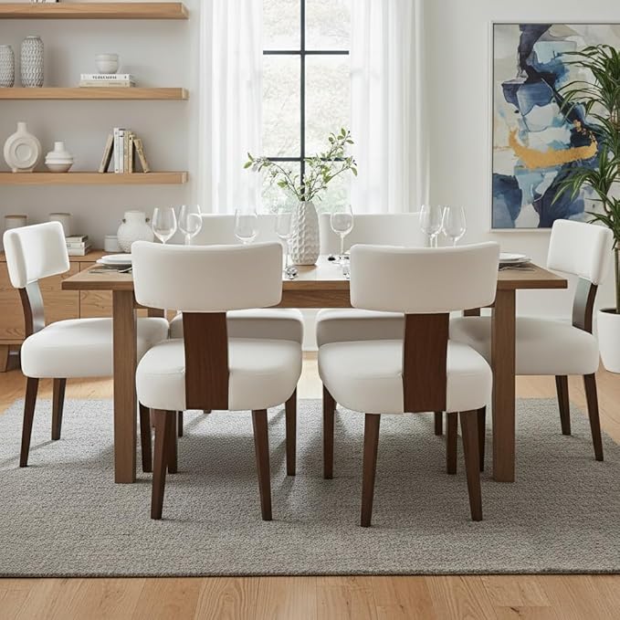 RIVOVA Upholstered Dining Chairs Set of 6, Modern Wooden Kitchen Chairs Fabric Side Dining Room Chair Farmhouse Dinner Chair for Kitchen Dining Room, Cream