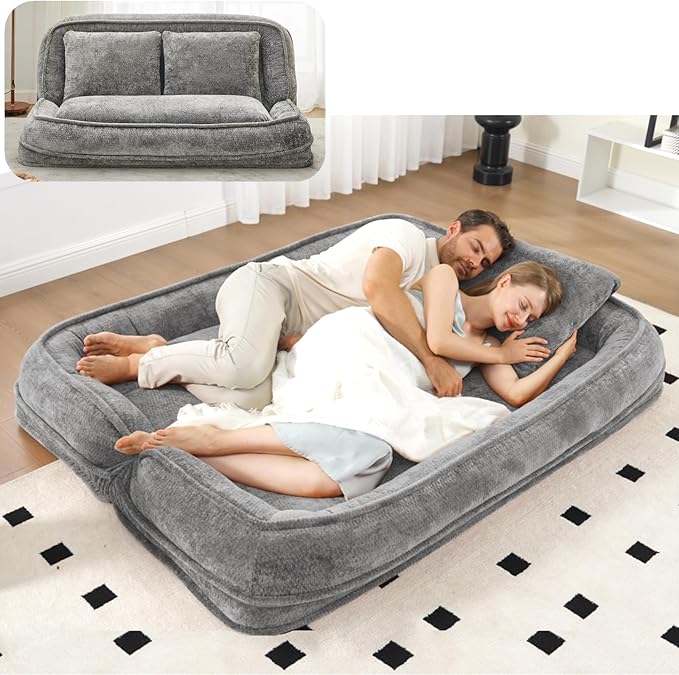 Foldable Lazy Sofa Bed, Chenille Upholstered Human Dog Bed for Adults, 2 in 1 Convertible Floor Sofa with 5 Adjustable Backrest Positions and Soft Cushions for Living Room (Light Gray)