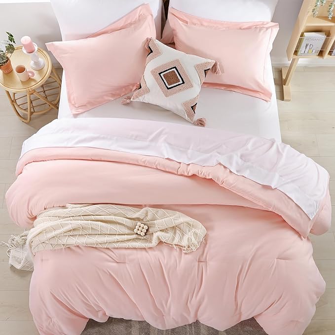 weigelia Queen Comforter Set Blush Pink Comforter Set 7 Pieces Comforters Queen Size Bedding Set with Flat Sheets, Fitted Sheet, Pillow Shams, Pillowcases for All Season