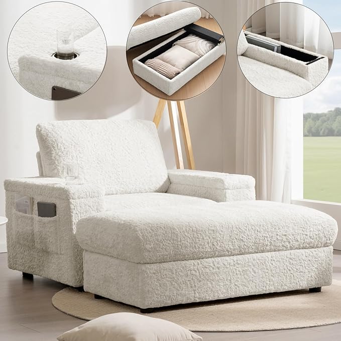 Merax Oversized Chaise Lounge Chair Indoor with Storage Armrest & Ottoman, Cup Holders, Cloud Upholstered Sleeper Sofa Bed Couch, Deep Seat Reading Recliner for Living Room Bedroom, Beige