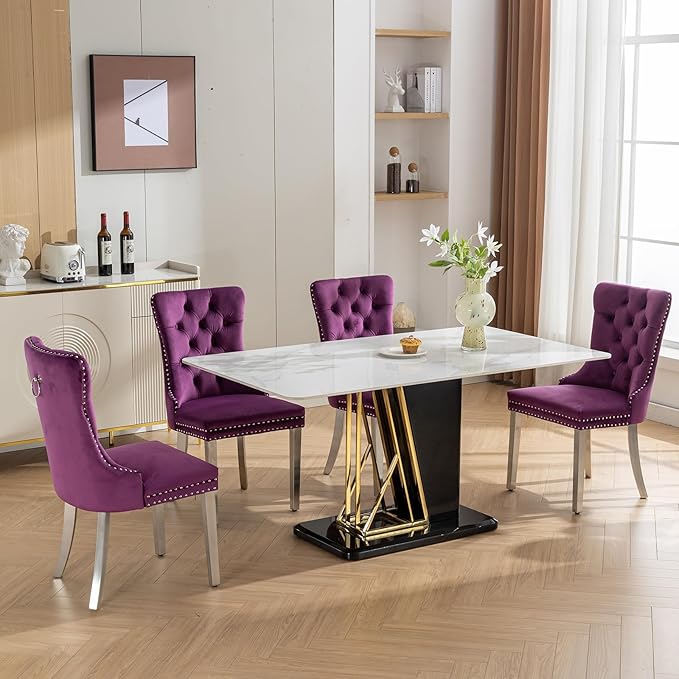 YeahFurn Mid Century Modern Dining Chairs Set of 6, Purple Velvet Upholstered Tufted Back, Kitchen & Dining Room Chairs, Brushed Silver Metal Legs, Nailhead Trim, Sillas para Comedor (Purple, 6 Pcs)