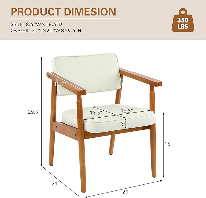 LSSPAID Mid Century Dining Chairs Set of 2, Beige Linen Fabric Upholstered Armchair with Wooden Handrail, Comfy Backrest Modern Kitchen Chairs for Bedroom Living Room Dining Room