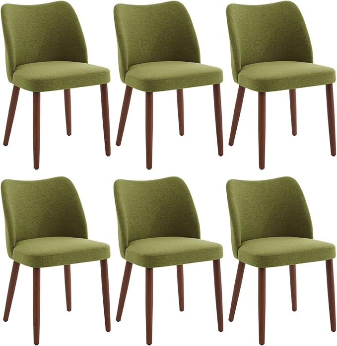 ElfinAura Dining Chair Set of 6, Linen Upholstered Dining Chair with Wood Legs, Wing Backrest, Wooden Kitchen Chair, Kitchen Chairs with Thick Cushions for Dining Room, Living Room, Green
