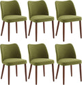 ElfinAura Dining Chair Set of 6, Linen Upholstered Dining Chair with Wood Legs, Wing Backrest, Wooden Kitchen Chair, Kitchen Chairs with Thick Cushions for Dining Room, Living Room, Green