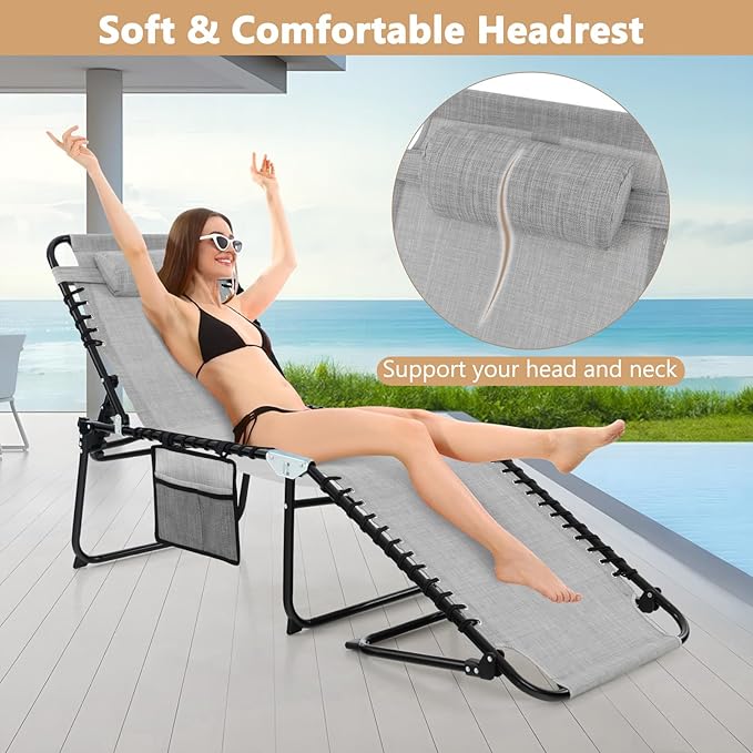 Giantex Patio Lounge Chairs for Outside - Set of 2 Folding Tanning Chair w/Headrest, 4 Adjustable Positions, Side Pocket, Outdoor Chaise Lounge for Camping, Pool, Sunbathing Beach Chair, Grey