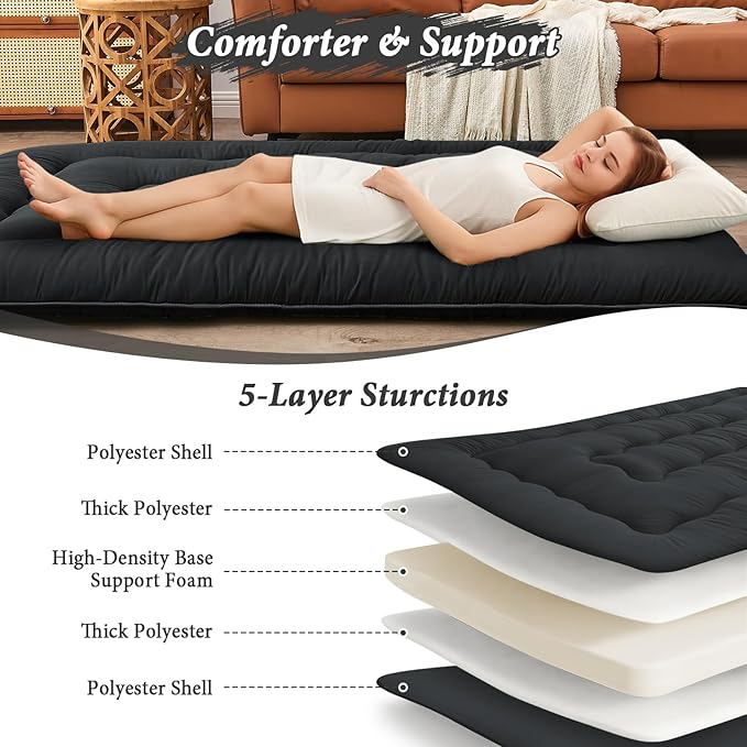 DAICO Japanese Floor Mattress, 4'' Thicken Futon Mattress Tatami Mat, Sleeping Pad Foldable Roll Up Mat for Camping and Guest Room, Twin Size 39''*80'', Black