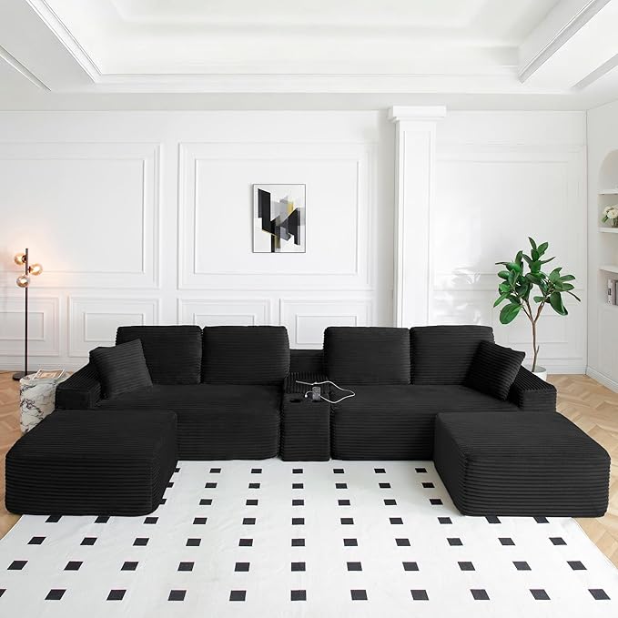 125” Oversized Modular Sectional Sofa, Deep Seat Corduroy Cloud Couch with Cup Holders, USB Ports & Storage Box, Sleeper Sofa Couch Boneless Couches for Living Room, No Assembly Required (Black)