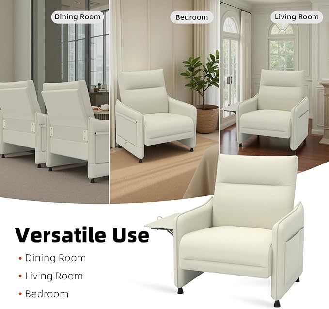 Tbillionnext Upholstered Accent Sofa, Modern Faux Leather Sofa Chair with Hidden Foldable Tray & Side Pocket, Rear Contour Arm Design, Small Accent Sofa for Bedroom, Beige