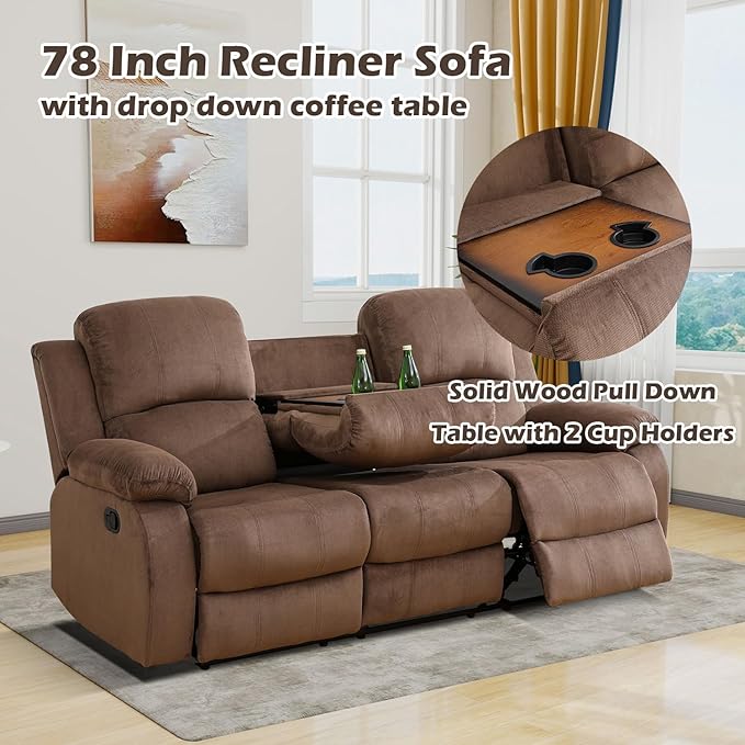 SIENWIEY Manual Recliner Sectional Sofa for Living Room,L Shaped Reclining Sectional Corner Couch with Sofa,Brown Fabric Recliner Sofa Set with Storage Console/Drop Down Coffee Table/Cup Holders